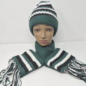 Chic Striped Beanie and Scarf Set - Teal, Black, and White